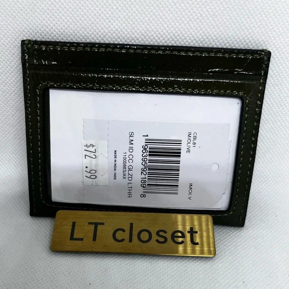 NWT Coach Slim Id Card Case Powder CBL81 Shiny crinkle leather Gold/Olive - Picture 5 of 6